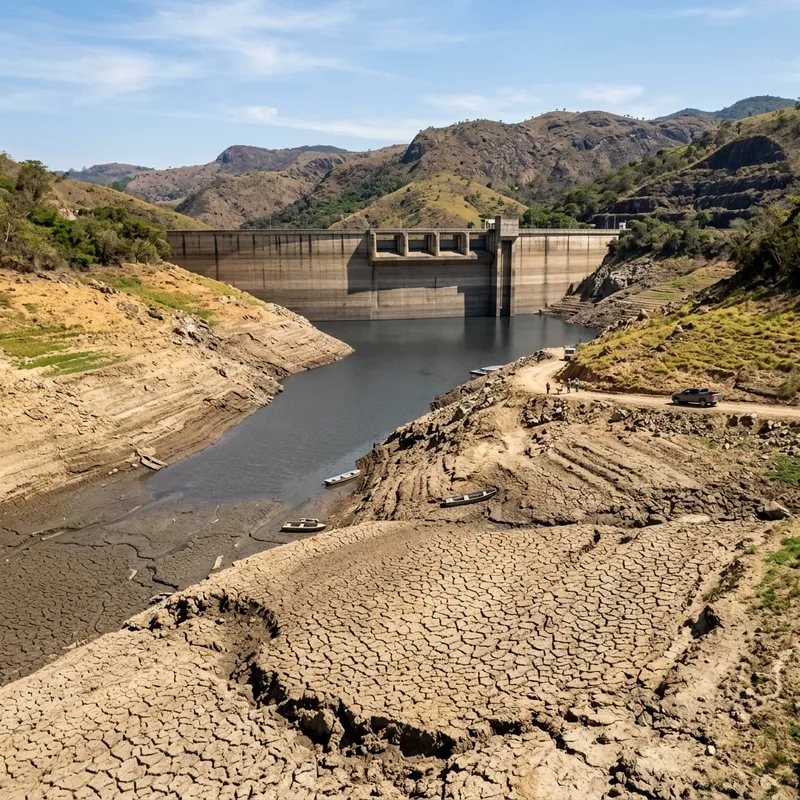 Represa e reservatório de água no Brasil com nível criticamente baixo e solo seco exposto