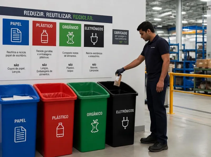 Estação de segregação de resíduos com lixeiras identificadas por tipo em galpão de empresa, colaborador descartando material corretamente