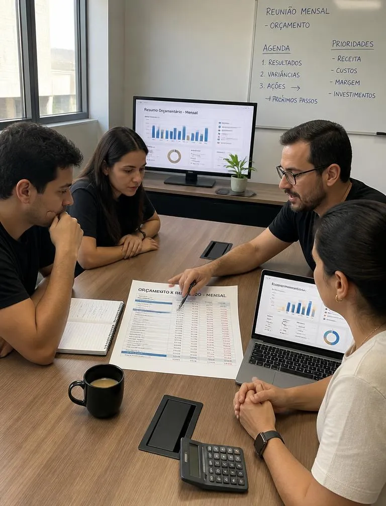 Equipe de startup brasileira em reunião mensal de revisão orçamentária analisando relatório de orçado versus realizado