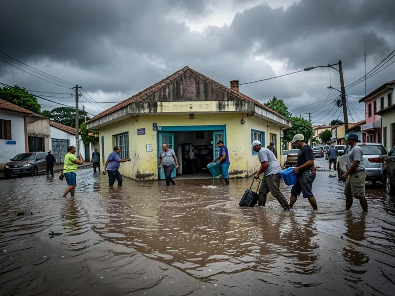 Rua alagada em cidade brasileira com chuva forte e alagamento urbano