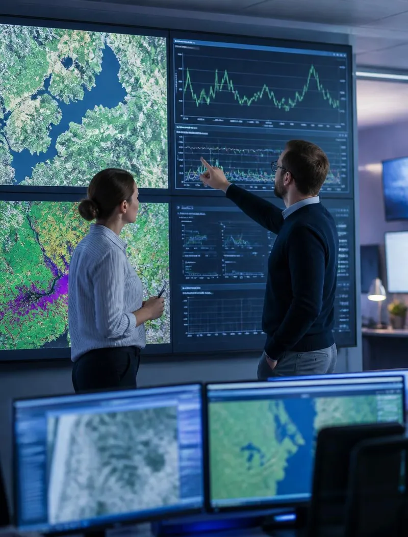 Analistas em sala de monitoramento ambiental observando mapas de satélite e gráficos de séries temporais em telas de parede