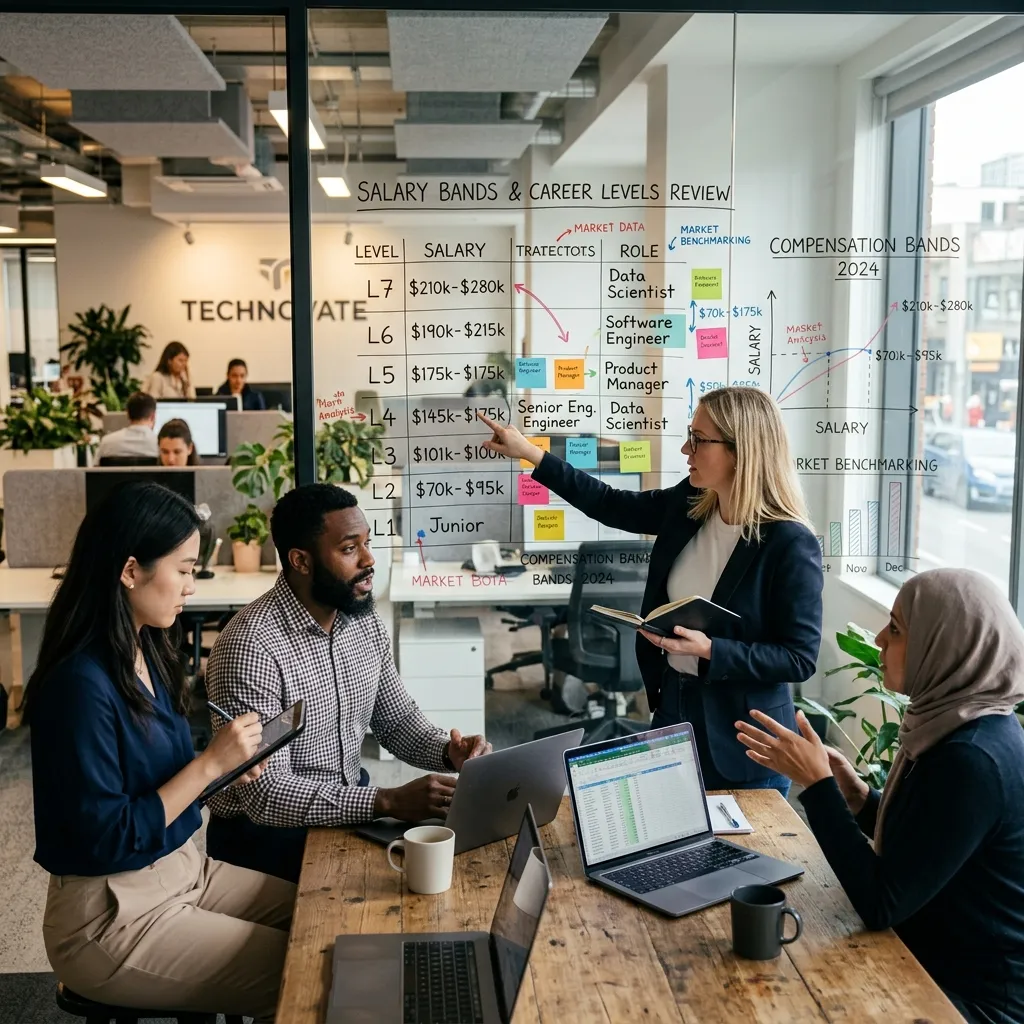 Time diverso de startup reunido em torno de laptop, discutindo estrutura de níveis e faixas salariais
