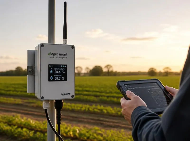 Gateway IoT com antena LoRaWAN instalado em campo mostrando leituras de temperatura e umidade, com técnico conferindo os dados em um tablet