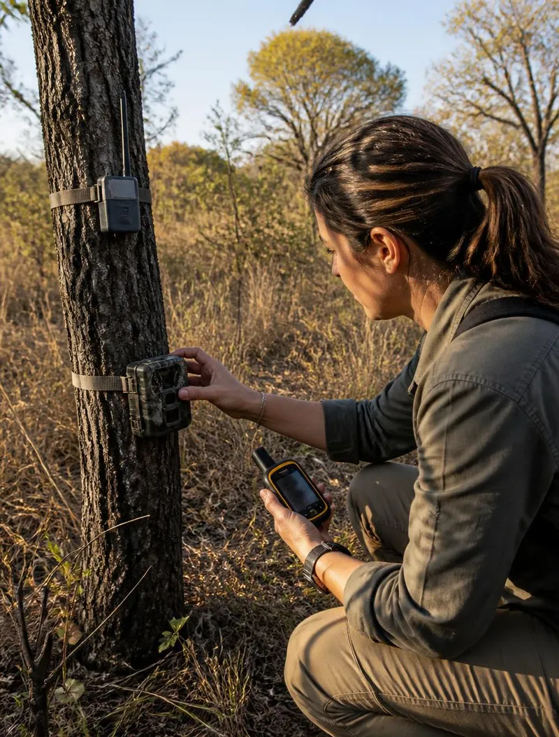 Bióloga instalando uma armadilha fotográfica e um nó sensor IoT em um tronco de árvore no cerrado brasileiro