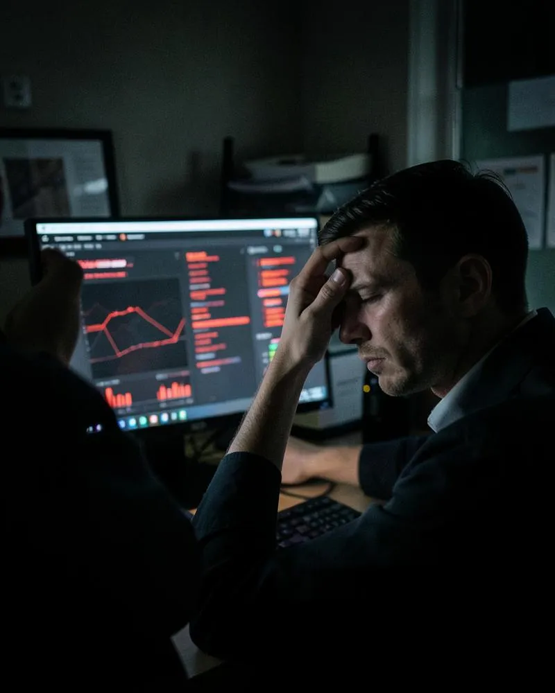 Pessoa de tecnologia sozinha à noite diante de um monitor com painel de incidentes em alerta vermelho, com a mão na testa