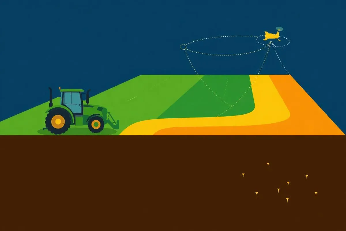 Trator com orientação por satélite aplicando taxa variável sobre zonas de manejo coloridas em uma lavoura