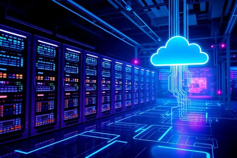 Infraestrutura de hospedagem em nuvem com servidores e fluxo de dados representando cloud hosting moderno