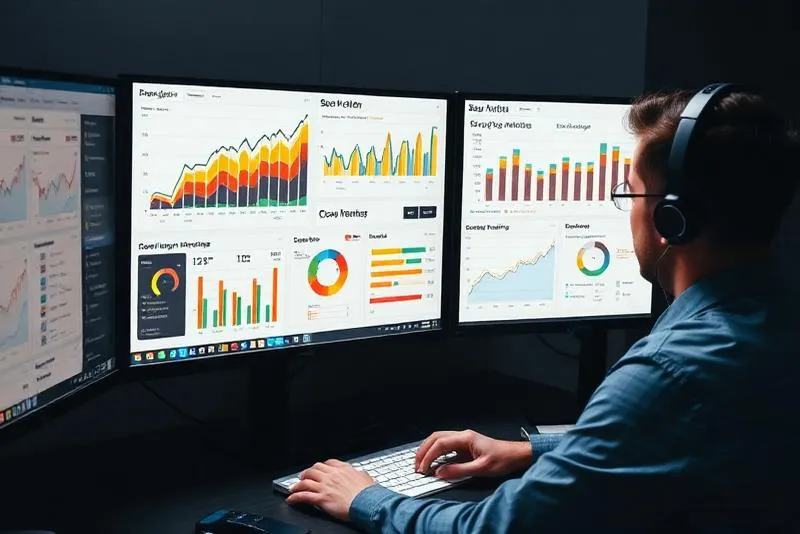 Dashboard de análise SEO mostrando métricas de performance, rankings e Core Web Vitals em múltiplos monitores