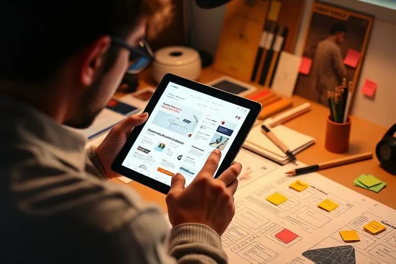Designer UX criando wireframes e mockups para site profissional em tablet digital com ferramentas de design