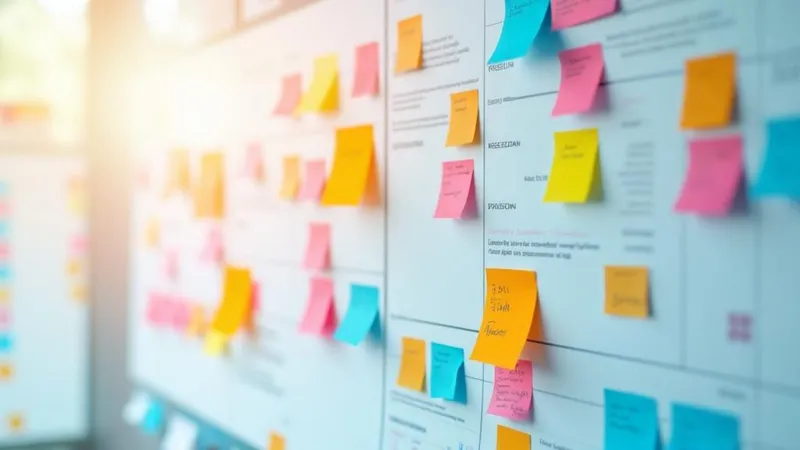 Quadro kanban colorido com post-its organizados em colunas representando planejamento de sprint e metodologia ágil de desenvolvimento