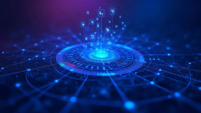 Visualização abstrata da complexidade de desenvolvimento de software com nós digitais interconectados representando funcionalidades e integrações de sistema