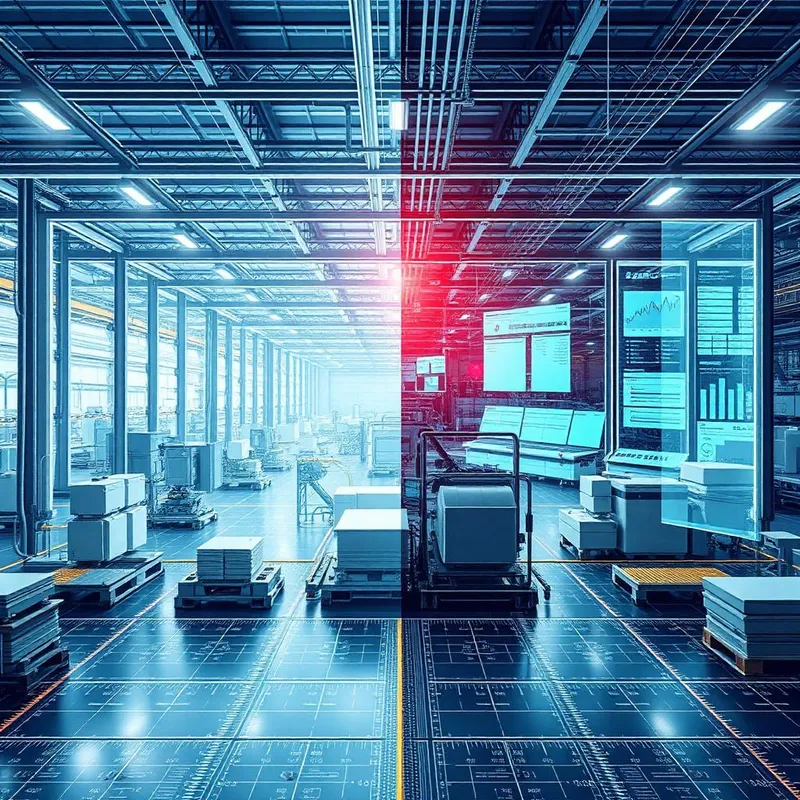 Transformação digital mostrando ambiente industrial se conectando com interfaces digitais