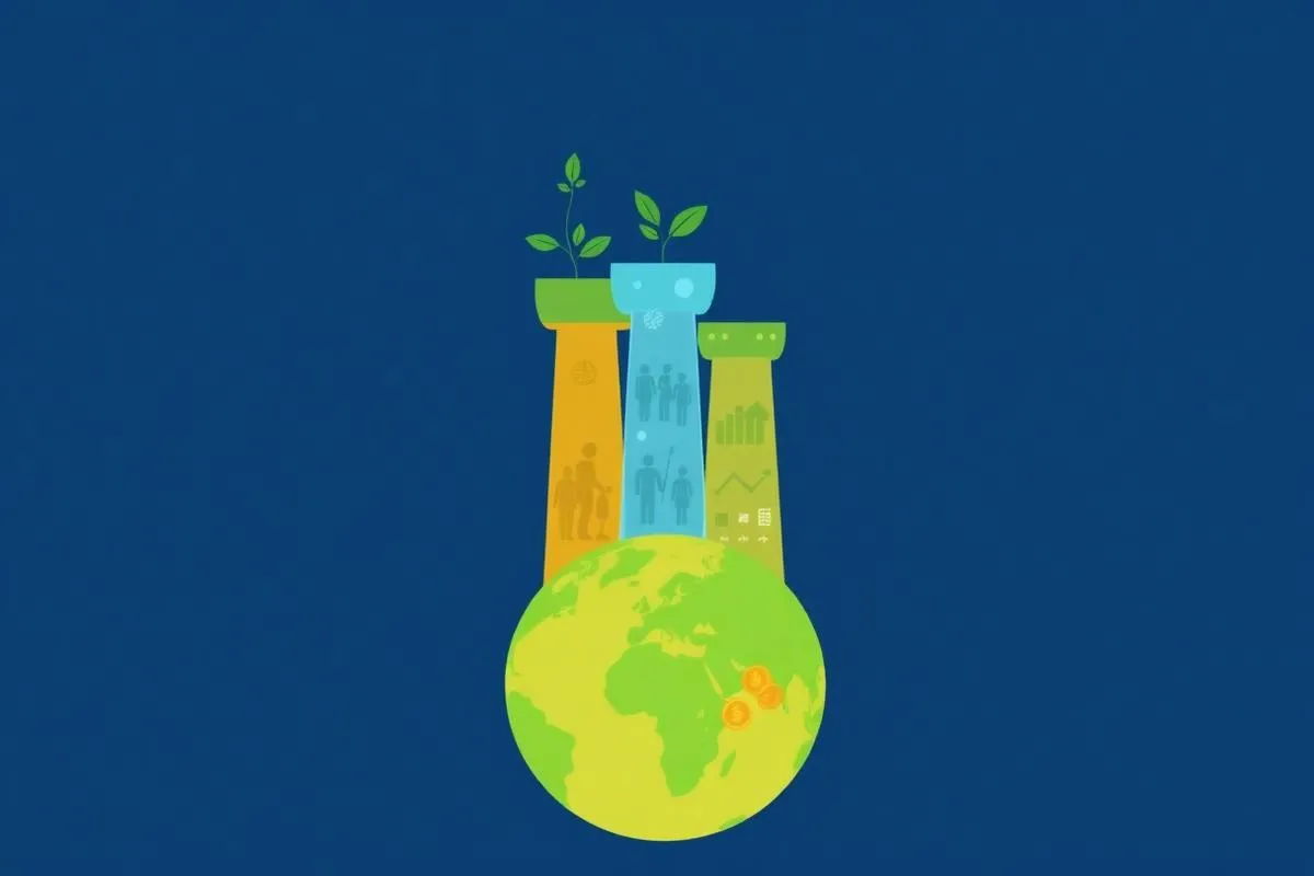 Ilustração dos três pilares da sustentabilidade — ambiental, social e econômico — apoiados sobre o planeta