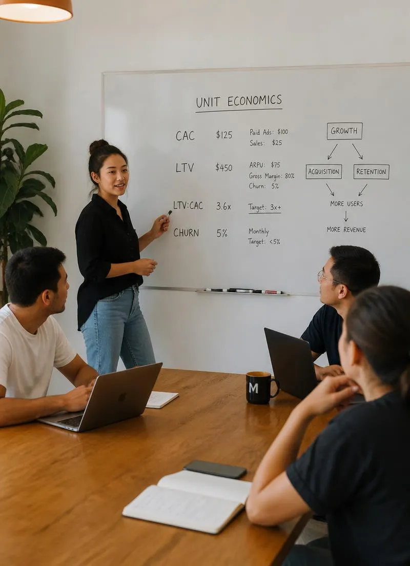 Time de startup discutindo CAC, LTV e churn em um quadro branco durante reunião