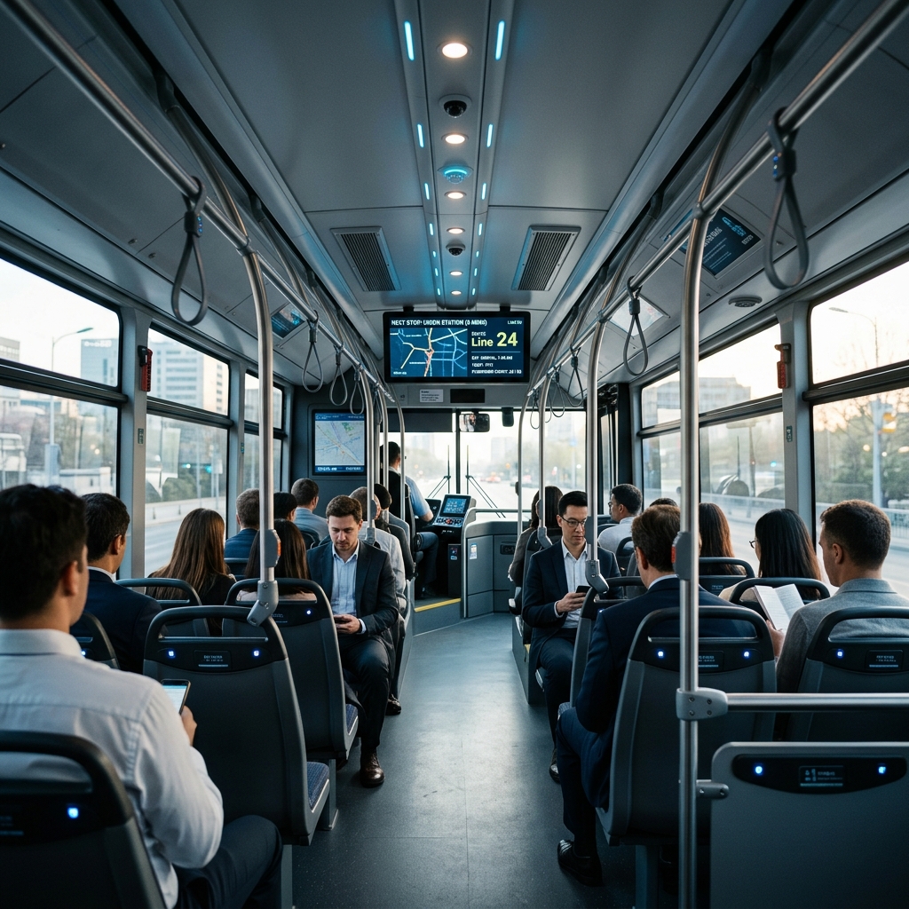 Interior de ônibus moderno com sensores IoT e mapas de calor de passageiros