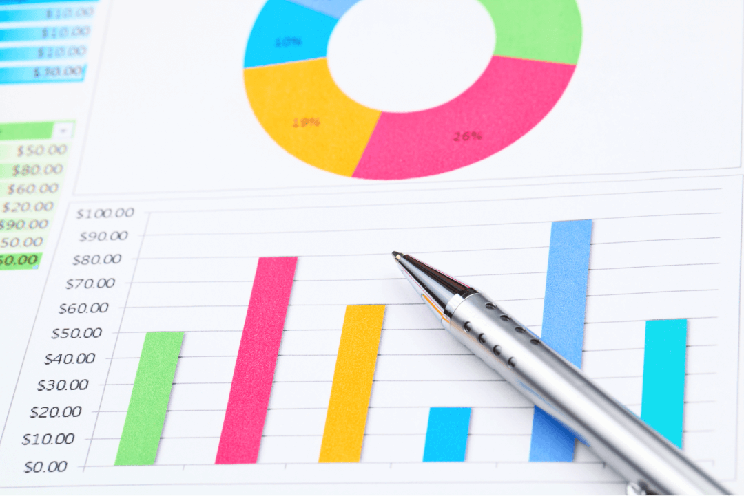 A imagem apresenta um gráfico de barras coloridas e um gráfico de pizza ao fundo, ambos sobrepostos a uma tabela com valores monetários. O gráfico de barras exibe quatro colunas verticais em diferentes cores (verde, amarelo, rosa e azul), representando valores crescentes de aproximadamente $20 a $90. O gráfico de pizza, no topo da imagem, divide-se em quatro fatias com cores correspondentes, indicando percentuais de participação. Há uma caneta prateada posicionada sobre os gráficos, sugerindo análise ou trabalho relacionado a dados financeiros ou de desempenho.