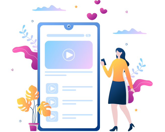Ilustração colorida de uma mulher usando um smartphone gigante que exibe uma interface de plataforma de vídeos, com ícones de reprodução e listas de conteúdo. A imagem possui elementos decorativos como plantas e corações, representando uma interação leve e moderna com a tecnologia.