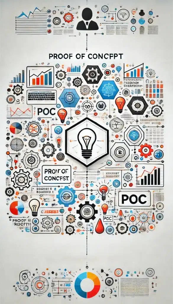 repleto de ícones minimalistas e formas abstratas distribuídas de maneira equilibrada para ilustrar os benefícios de uma Prova de Conceito (PoC). Os ícones representam conceitos como engrenagens para eficiência técnica, escudos para segurança, gráficos para otimização de custos e conectividade. Linhas interligam os ícones, formando uma estrutura fluida e integrada. O design usa cores vibrantes sobre um fundo claro, com estética moderna e limpa, para transmitir inovação e profissionalismo sem incluir textos.