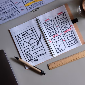 Esboço de prototipação de um site em um caderno com várias páginas mostrando layouts diferentes. A imagem ilustra o processo inicial de desenvolvimento de uma interface, destacando rascunhos de como as seções e botões serão organizados. Ao lado, ferramentas como régua e caneta reforçam o conceito de planejamento visual e design de interface.
